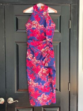 Chiara Boni La Petite Robe Blue Midi Dress with Pink Floral Print